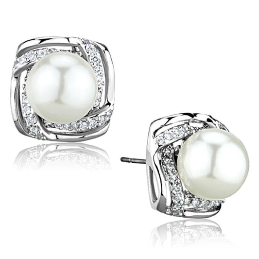 Alamode Rhodium Brass Earrings with Synthetic Pearl in White - Flyclothing LLC