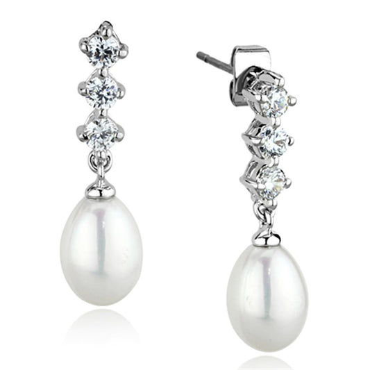 Alamode Rhodium Brass Earrings with Semi-Precious Pearl in White - Flyclothing LLC