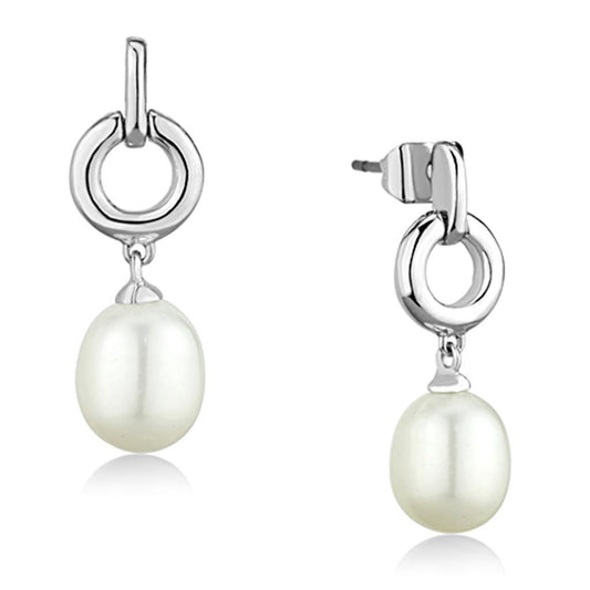 Alamode Rhodium Brass Earrings with Synthetic Pearl in White - Flyclothing LLC