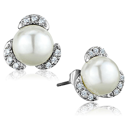 Alamode Rhodium Brass Earrings with Synthetic Pearl in White - Flyclothing LLC