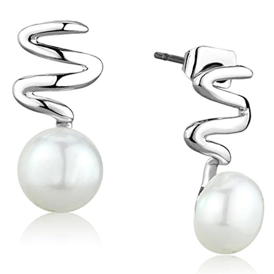 Alamode Rhodium Brass Earrings with Synthetic Pearl in White - Flyclothing LLC