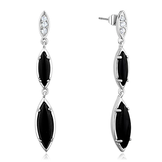 Alamode Rhodium Brass Earrings with Synthetic Onyx in Jet - Flyclothing LLC