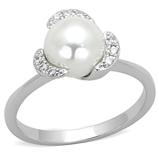 Alamode Rhodium Brass Ring with Synthetic Pearl in White - Flyclothing LLC