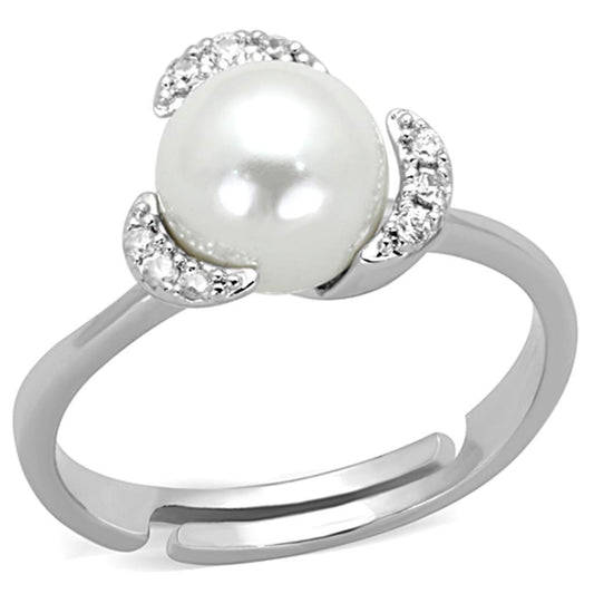 Alamode Rhodium Brass Ring with Synthetic Pearl in White - Flyclothing LLC