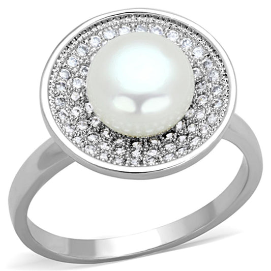 Alamode Rhodium Brass Ring with Synthetic Pearl in White - Alamode