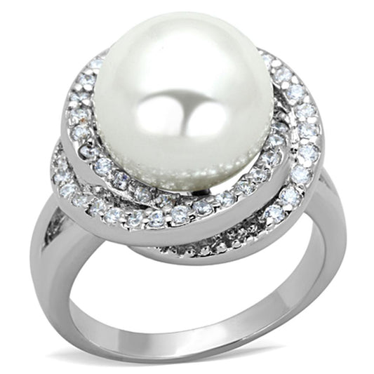 Alamode Rhodium Brass Ring with Synthetic Pearl in White - Alamode