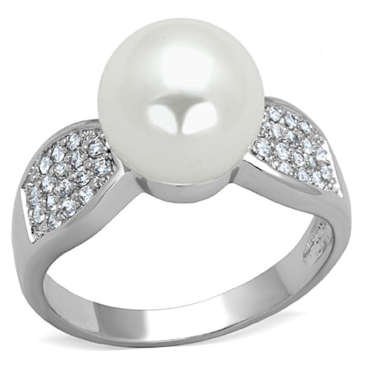 Alamode Rhodium Brass Ring with Synthetic Pearl in White - Alamode