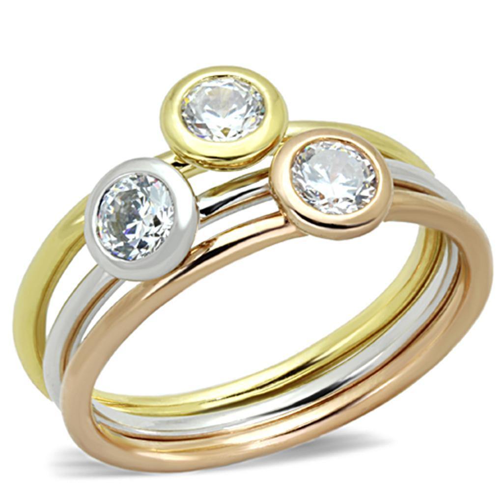 Alamode Rhodium + Gold + Rose Gold Brass Ring with AAA Grade CZ in Clear - Alamode