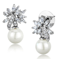 Alamode Rhodium Brass Earrings with Synthetic Pearl in White - Flyclothing LLC