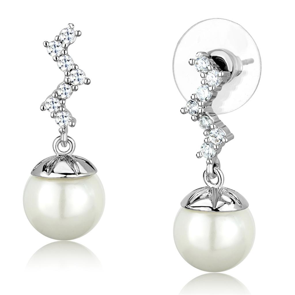 Alamode Rhodium Brass Earrings with Synthetic Pearl in White - Flyclothing LLC