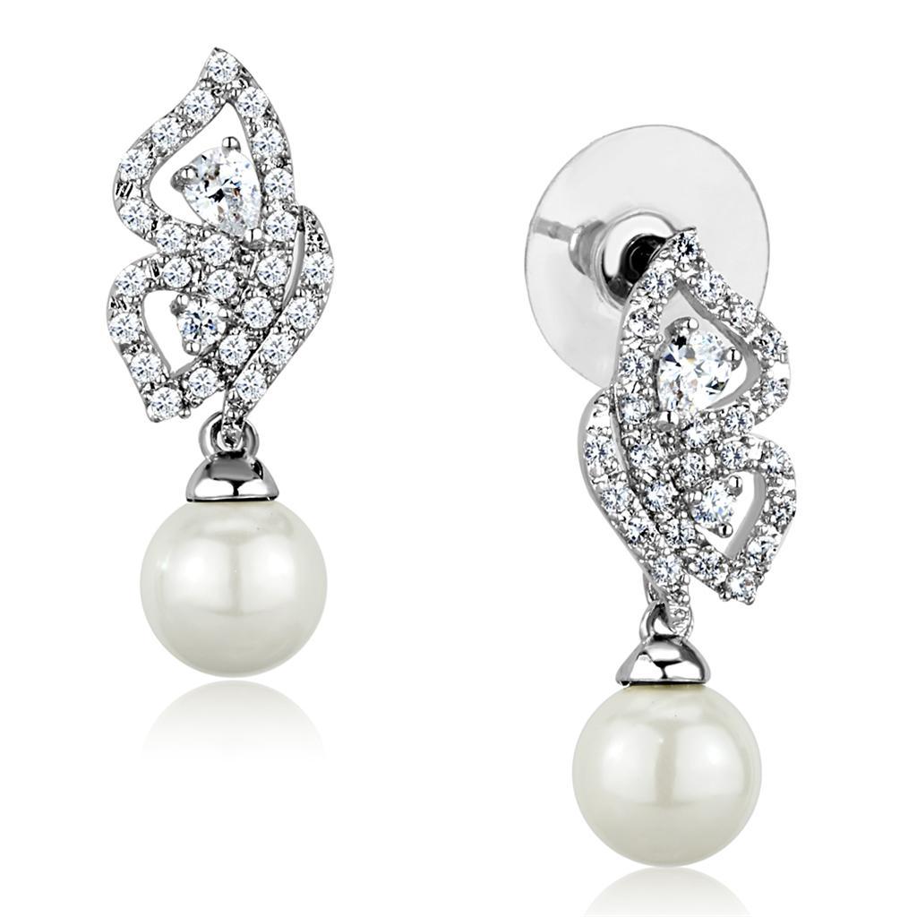 Alamode Rhodium Brass Earrings with Synthetic Pearl in White - Flyclothing LLC