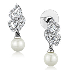 Alamode Rhodium Brass Earrings with Synthetic Pearl in White - Flyclothing LLC