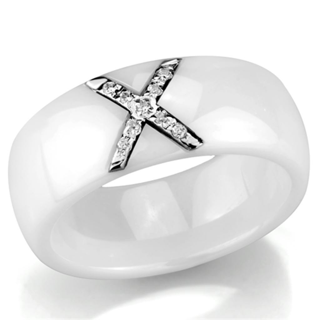 Alamode High polished (no plating) Stainless Steel Ring with Ceramic in White - Flyclothing LLC