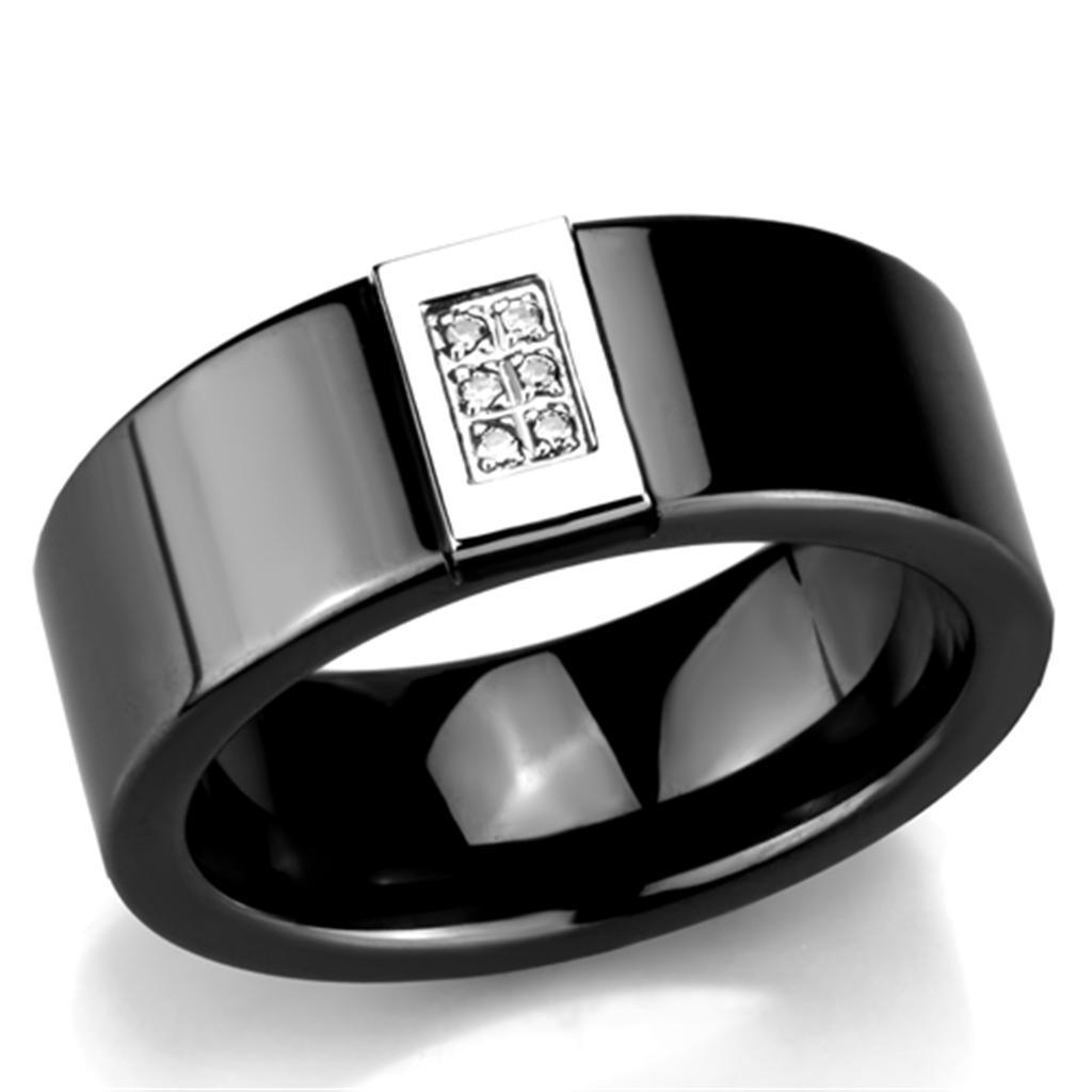 Alamode High polished (no plating) Stainless Steel Ring with Ceramic in Jet - Flyclothing LLC