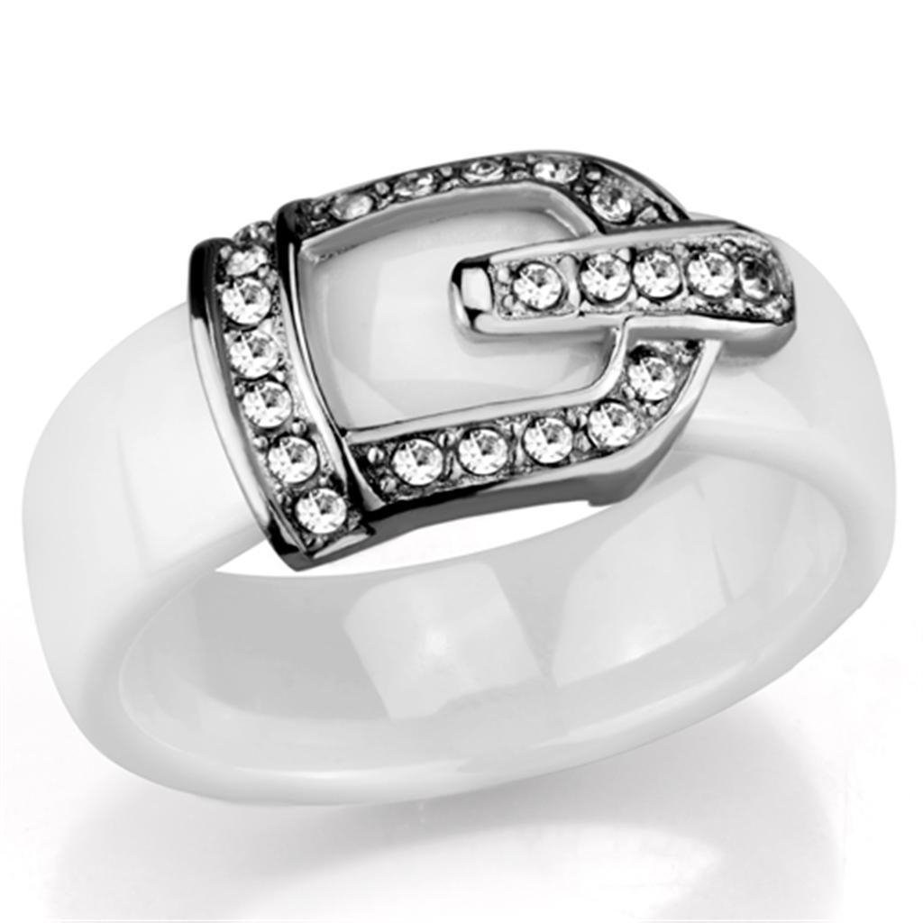 Alamode High polished (no plating) Stainless Steel Ring with Ceramic in White - Flyclothing LLC