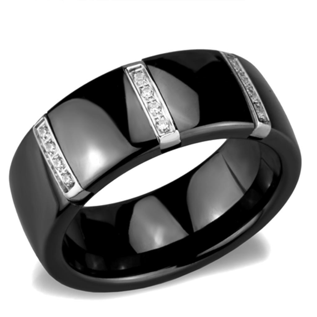 Alamode High polished (no plating) Stainless Steel Ring with Ceramic in Jet - Flyclothing LLC