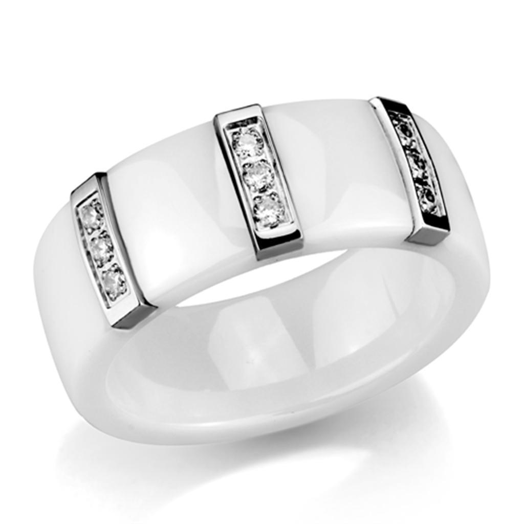 Alamode High polished (no plating) Stainless Steel Ring with Ceramic in White - Flyclothing LLC