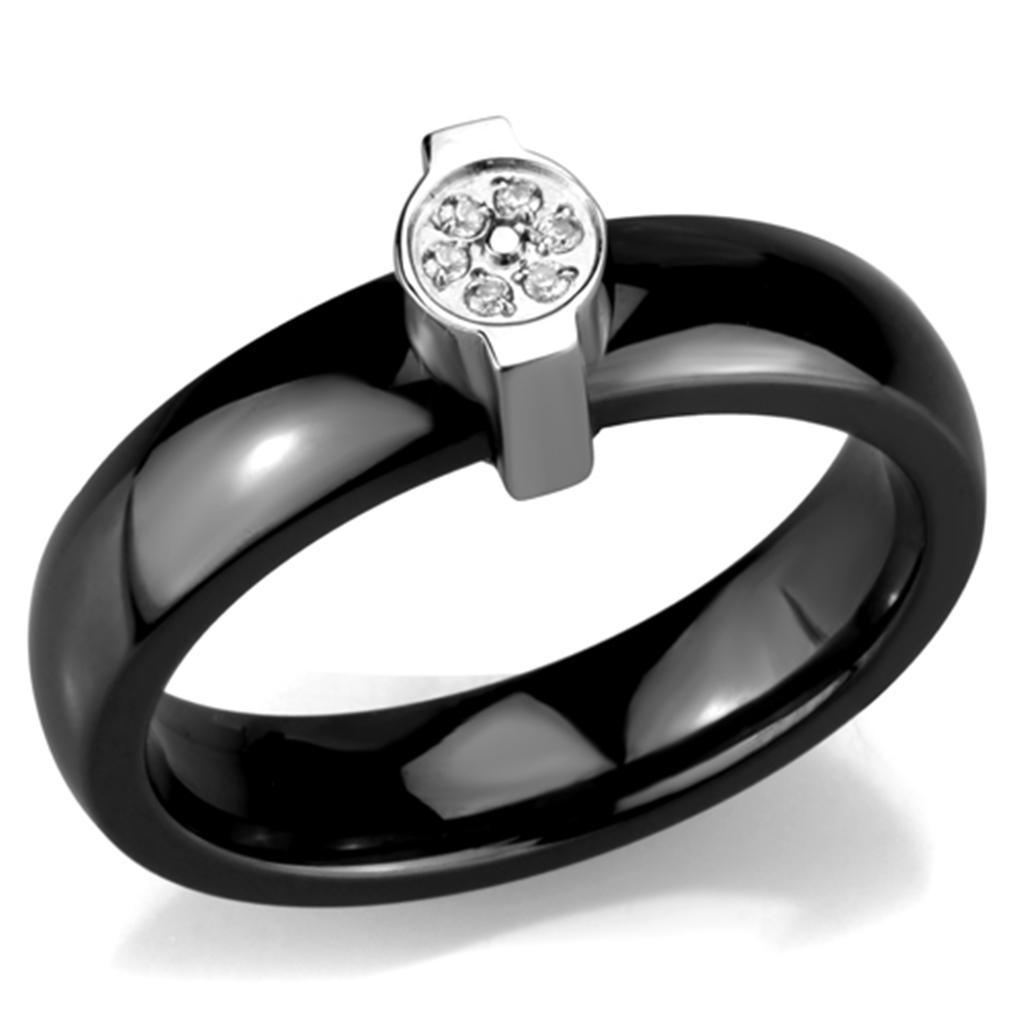 Alamode High polished (no plating) Stainless Steel Ring with Ceramic in Jet - Flyclothing LLC