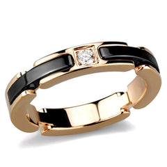 Alamode IP Rose Gold(Ion Plating) Stainless Steel Ring with Ceramic in Jet - Flyclothing LLC