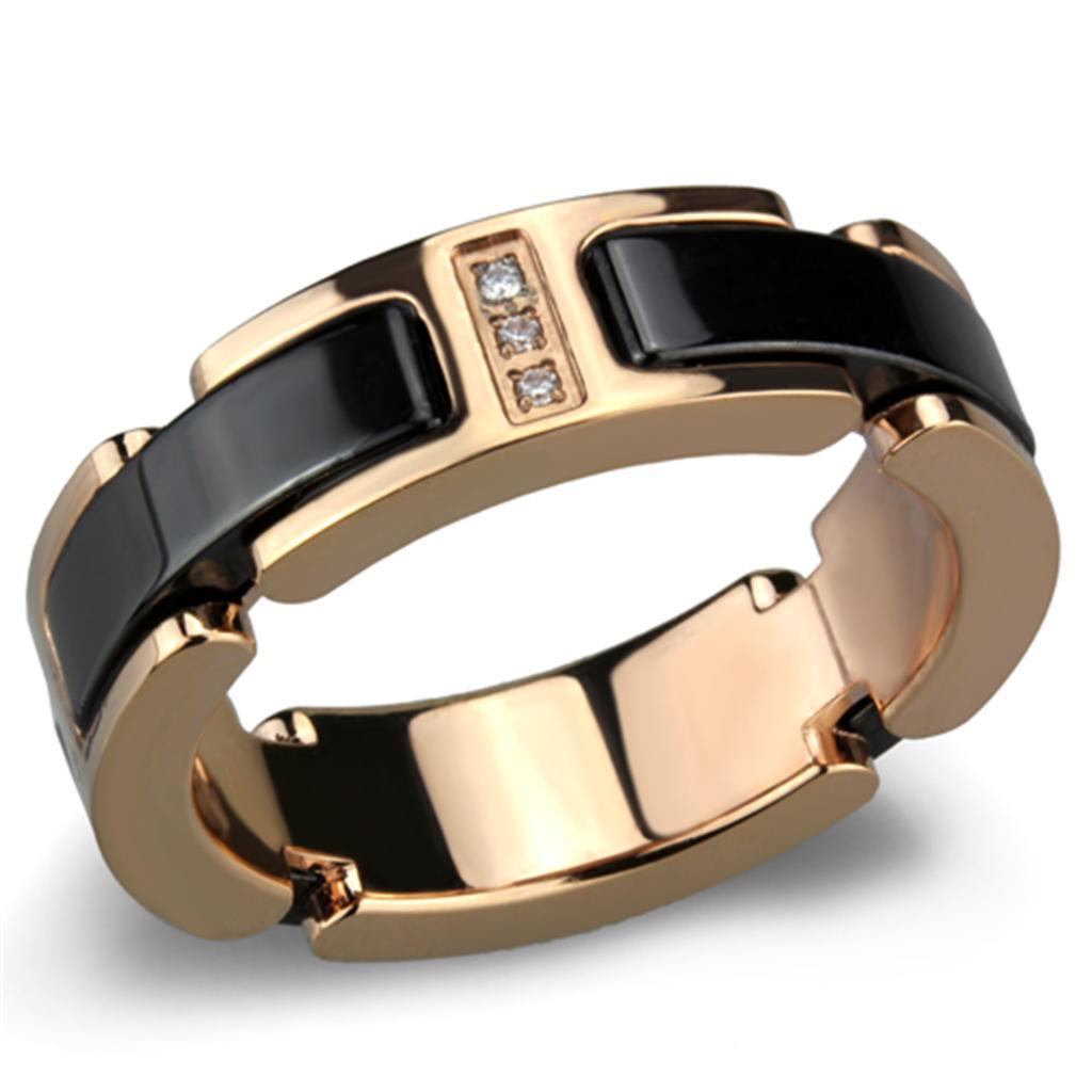 Alamode IP Rose Gold(Ion Plating) Stainless Steel Ring with Ceramic in Jet - Flyclothing LLC