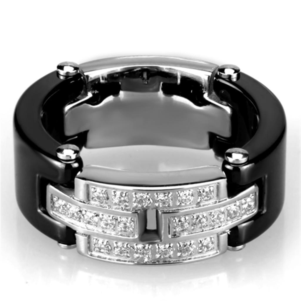 Alamode High polished (no plating) Stainless Steel Ring with Ceramic in Jet - Flyclothing LLC