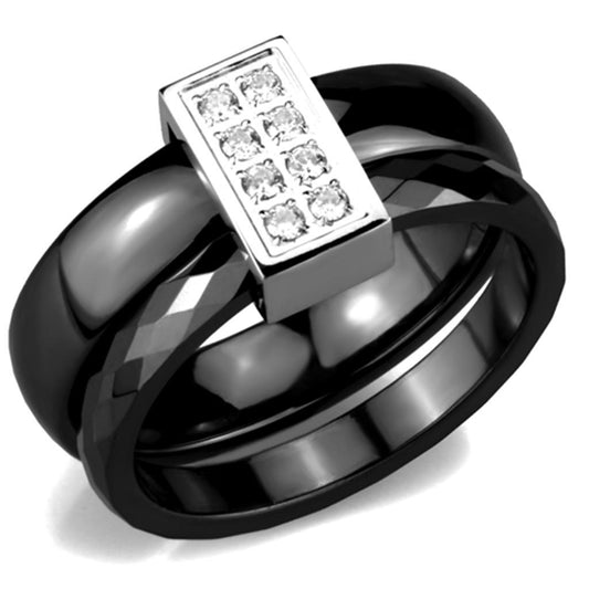 Alamode High polished (no plating) Stainless Steel Ring with Ceramic in Jet - Flyclothing LLC