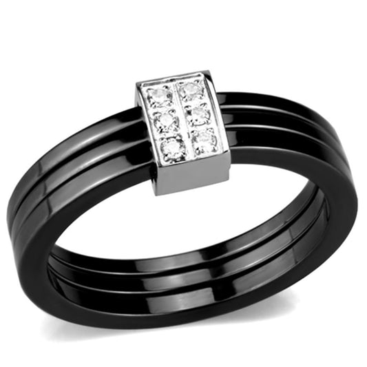 Alamode High polished (no plating) Stainless Steel Ring with Ceramic in Jet - Flyclothing LLC