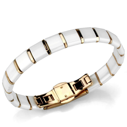 Alamode IP Rose Gold(Ion Plating) Stainless Steel Bracelet with Ceramic in White - Flyclothing LLC