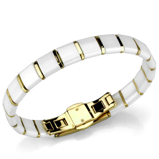 Alamode IP Gold(Ion Plating) Stainless Steel Bracelet with Ceramic in White - Flyclothing LLC