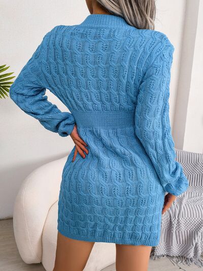 Cable-Knit Round Neck Mini Wrap Sweater Dress - Flyclothing LLC