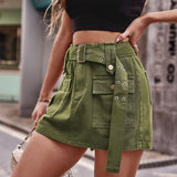 Belted Denim Shorts with Pockets - Trendsi