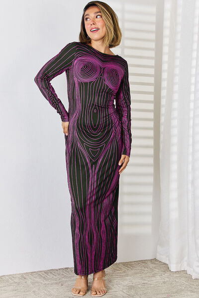 Cutout Round Neck Long Sleeve Maxi Dress - Flyclothing LLC