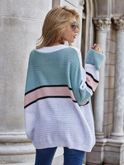 Striped Horizontal Ribbing Long Sleeve Tunic Sweater - Flyclothing LLC