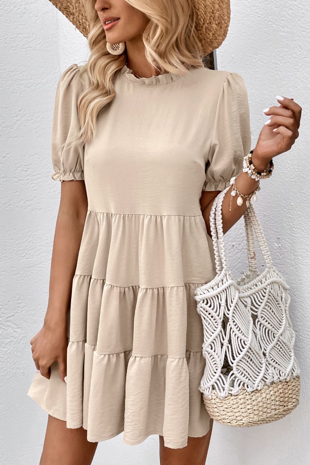  UNBIT Dresses for Women Women's Dress Solid Ruched Detail Layer  Hem Dress Dresses (Color : Beige, Size : X-Small): Clothing, Shoes & Jewelry
