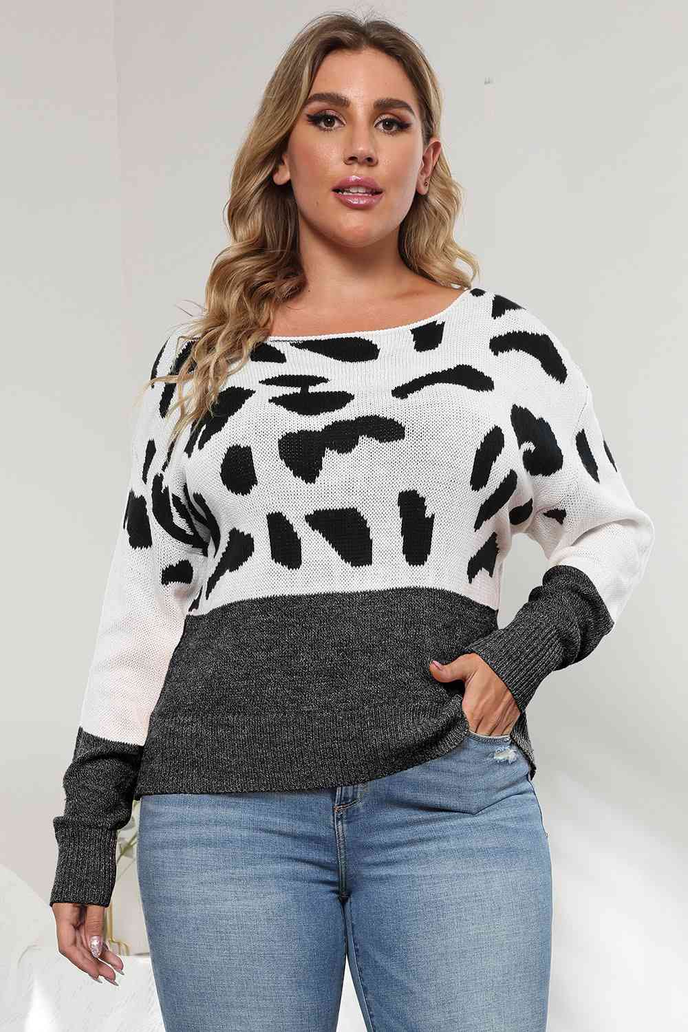 Plus Size Leopard Round Neck Long Sleeve Sweater - Flyclothing LLC