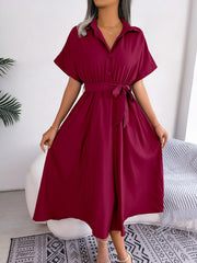 Short Sleeve Collared Tie Belt Dress - Flyclothing LLC