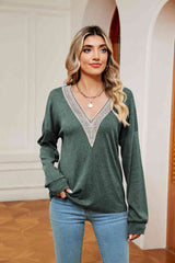 Contrast V-Neck Long Sleeve Blouse - Trendsi