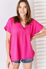 Zenana Full Size Raw Hem Short Sleeve Top - Flyclothing LLC