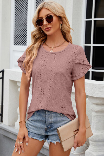 Eyelet Round Neck Petal Sleeve T-Shirt - Flyclothing LLC