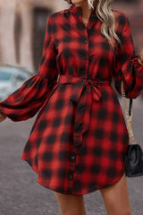 Plaid Tie Waist Balloon Sleeve Mini Dress - Flyclothing LLC