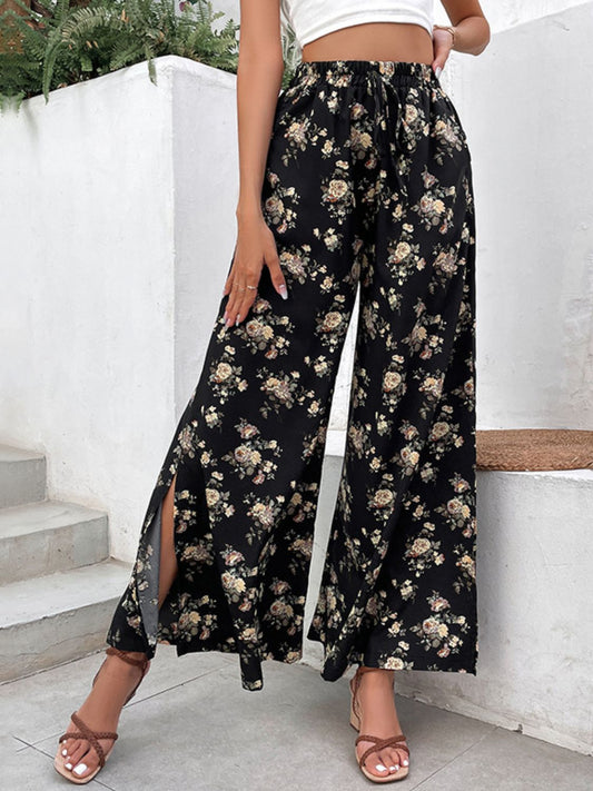 Floral Side Slit Wide Leg Pants - Flyclothing LLC