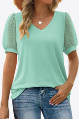 Swiss Dot Puff Sleeve V-Neck Tee - Flyclothing LLC