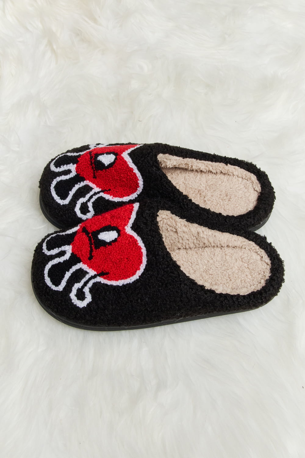 Melody Love Heart Print Plush Slippers Black / M