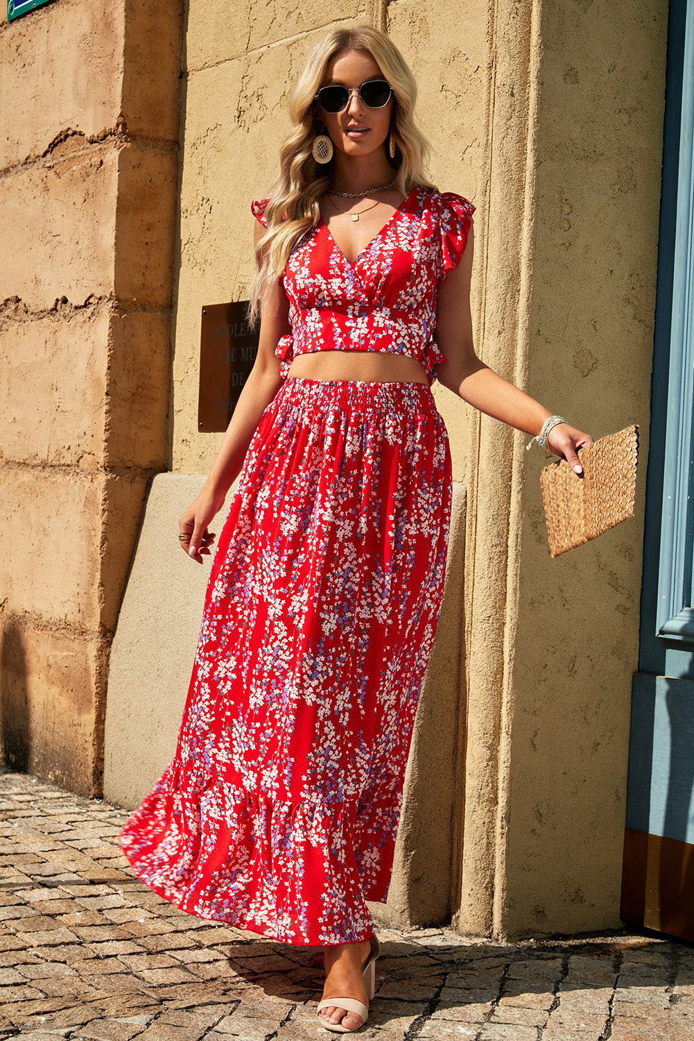 Boho Floral Printed Tie Back Cropped Top and Maxi Skirt Set
