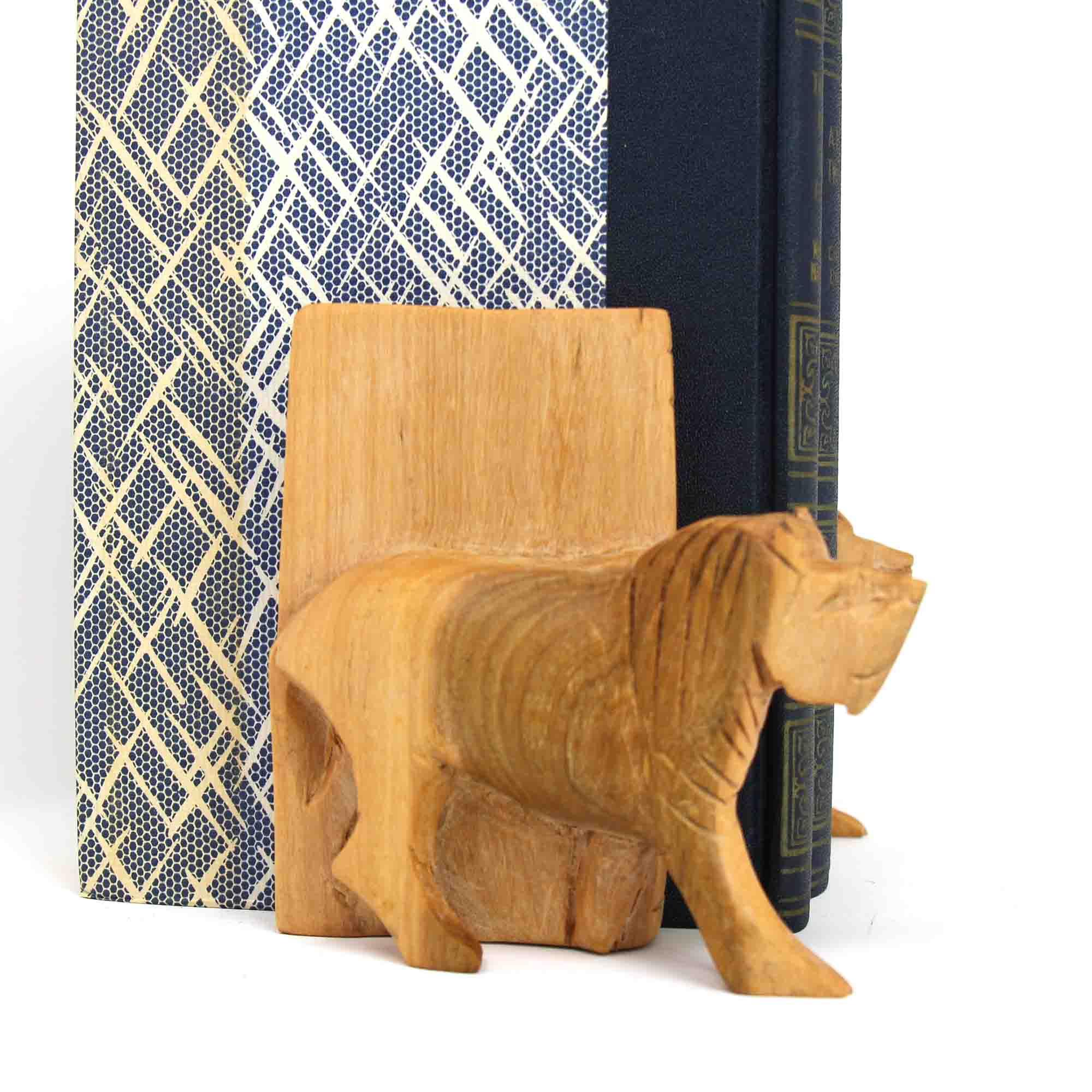 Carved Wood Lion Book Ends, Set of 2 - Jedando