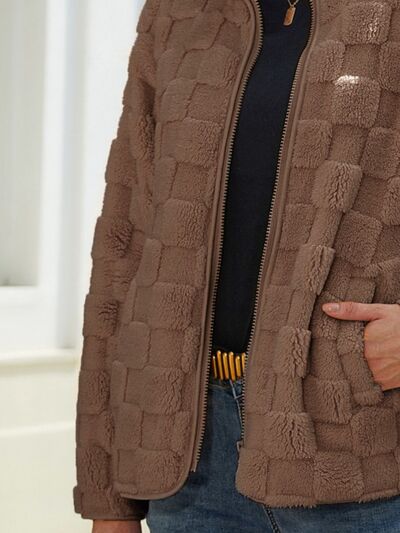 Fuzzy Checkered Zip Up Jacket - Flyclothing LLC