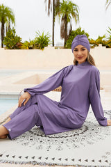 Cap, Drawstring Mock Neck Long Sleeve Top and Pants Swim Set - Flyclothing LLC