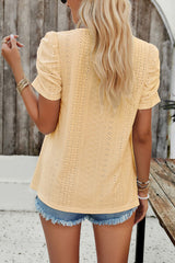 Eyelet Square Neck Puff Sleeve T-Shirt - Flyclothing LLC