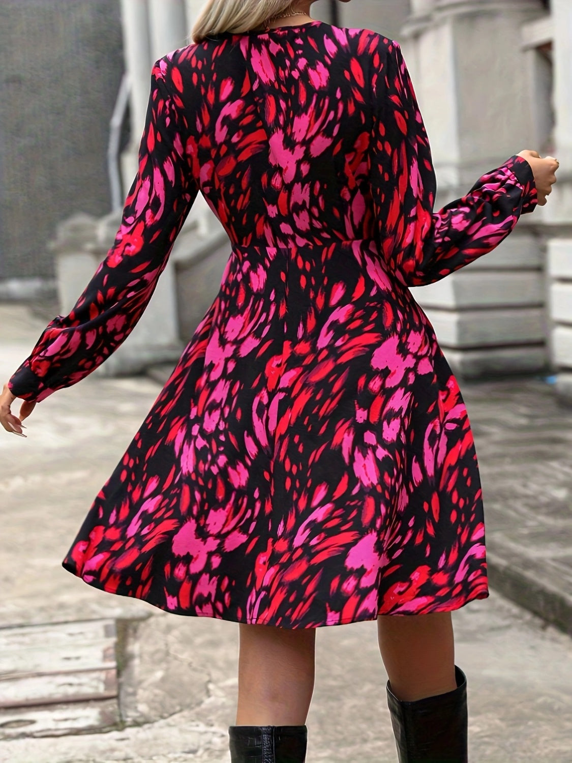 Printed Surplice Long Sleeve Dress - Flyclothing LLC