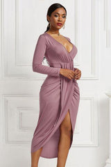 High-low Ruched Surplice Long Sleeve Dress - Flyclothing LLC